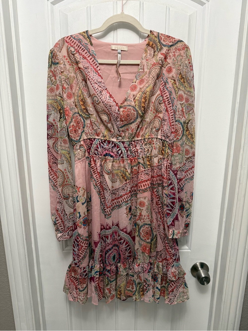 NWT Guess Carousel Print Brigida Flare Boho Linen Dress Size Large (6-9)